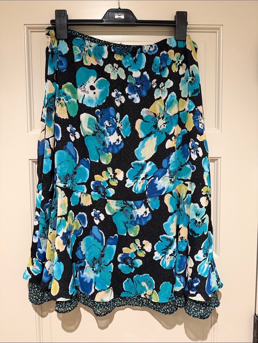 Floral A-Line Reversible Midi Skirt in Teal Blue and Black